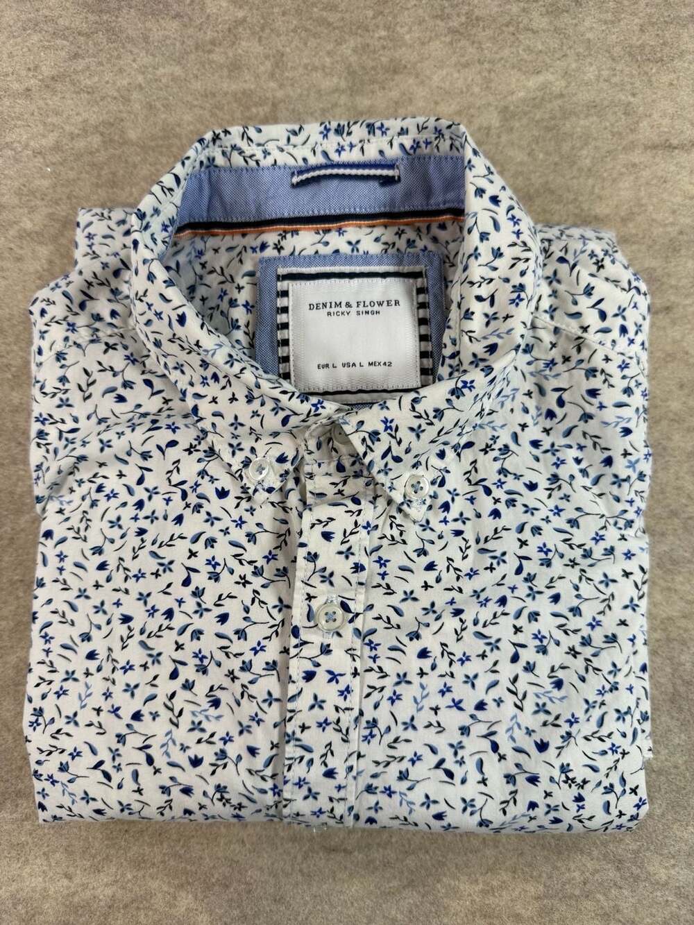 Denim & Flower Ricky Singh Mens L Floral Button Down Shirt Short Sleeve Cotton